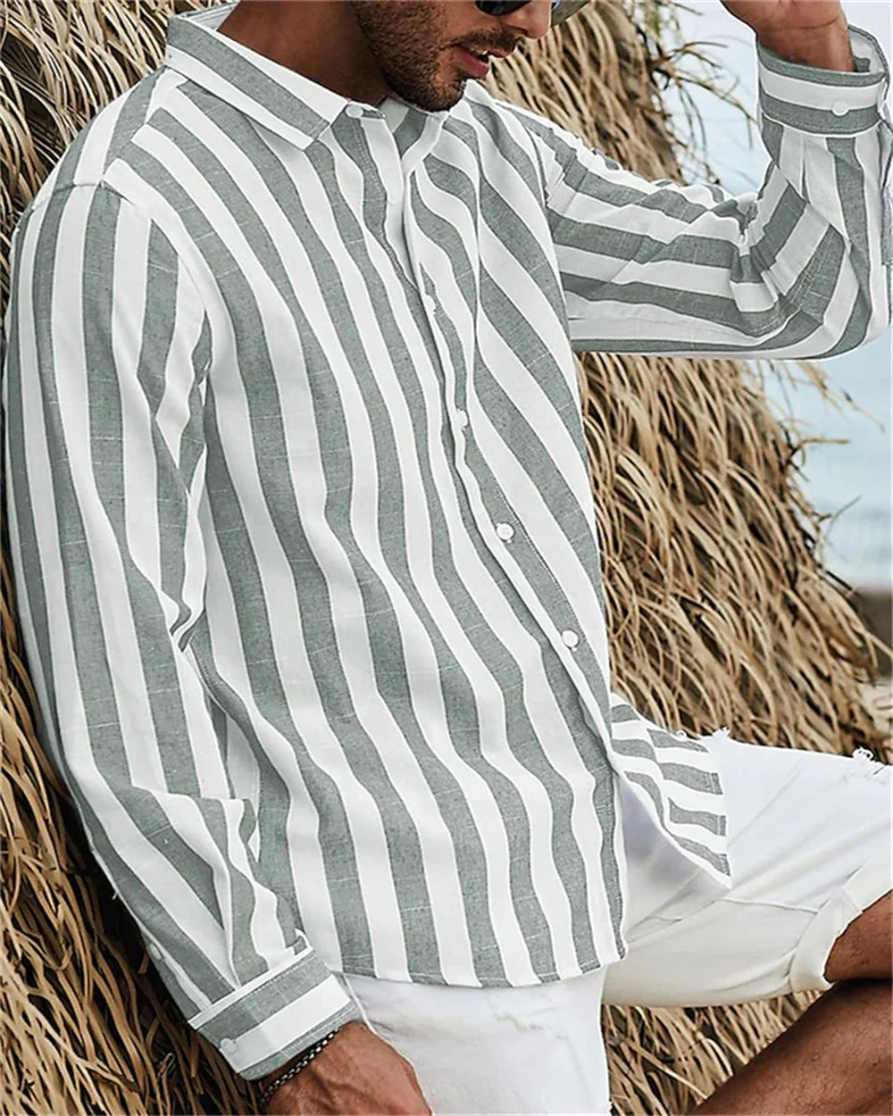2024 New Men's Long sleeved Blue Stripe Printed Shirt