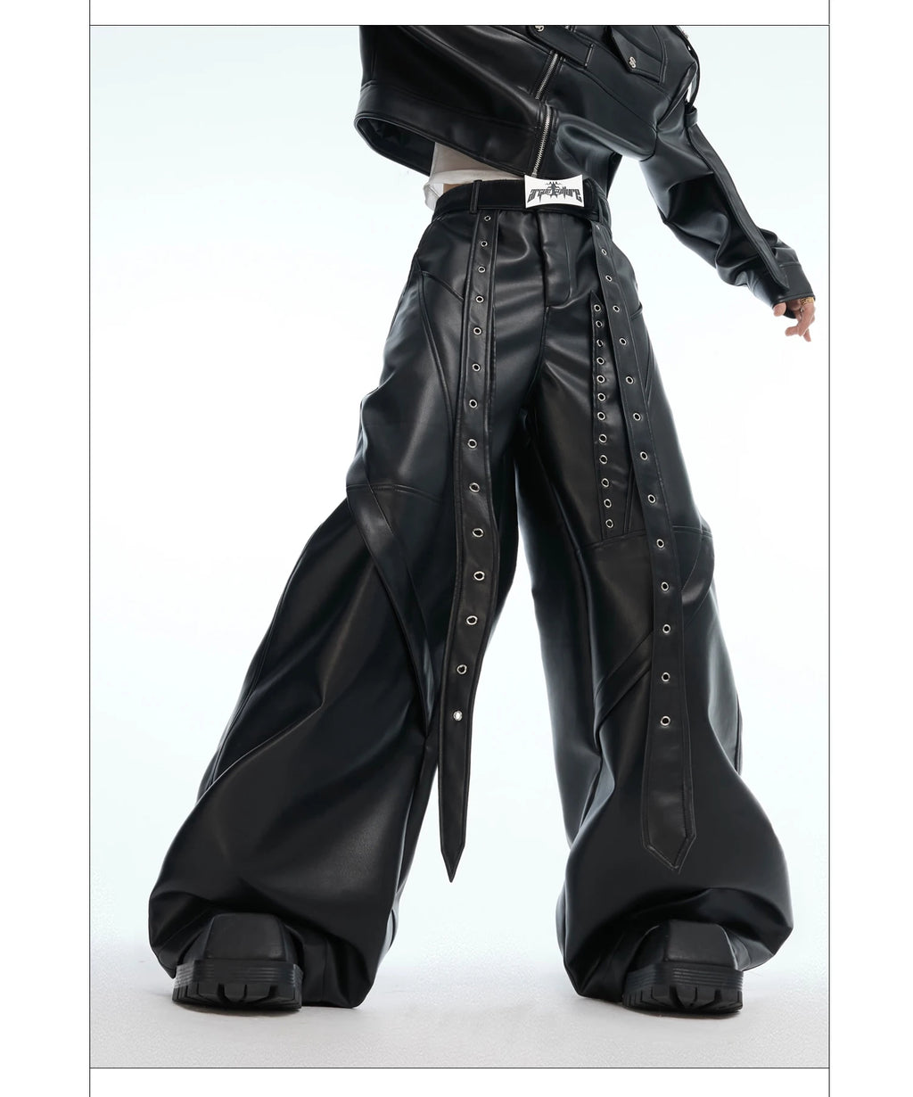 Mauroicardi Spring Autumn Cool Long Baggy Black Soft Pu Leather Wide Leg Pants Men