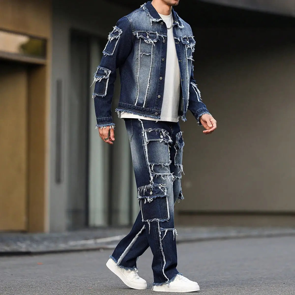 Men's denim suit, multi - pocket design, wide straight - leg pants style