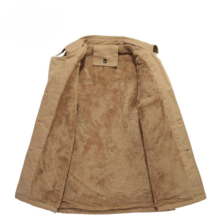Men's Khaki Long-Sleeve Fleece-Lined Jacket, New Winter Style Collared Warm Coat,