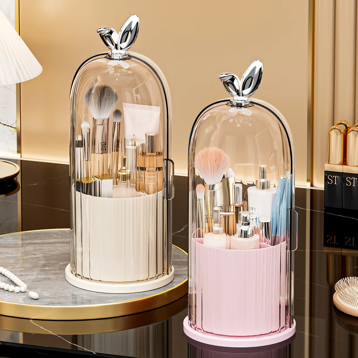 360° Rotating Makeup Brush Holder Cosmetic, Lipstick, Eyebrow Pencil, Eye Shadow Organizer with Clear Lid Dustproof, Waterproof