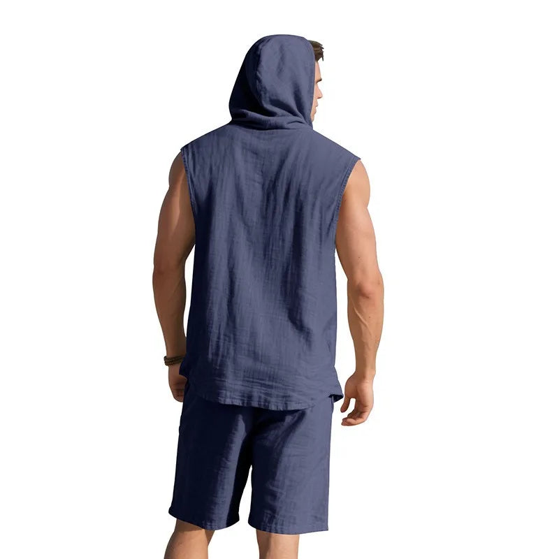 Men's Linen Sleeveless Hooded Shirt and Shorts Set