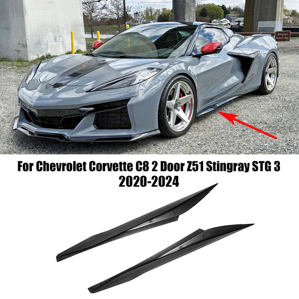 Side Skirts Extension Splitters Fender For Chevrolet Corvette C8 2 Door Z51 Stingray STG 3 2020-2024 Carbon Look Glossy Black