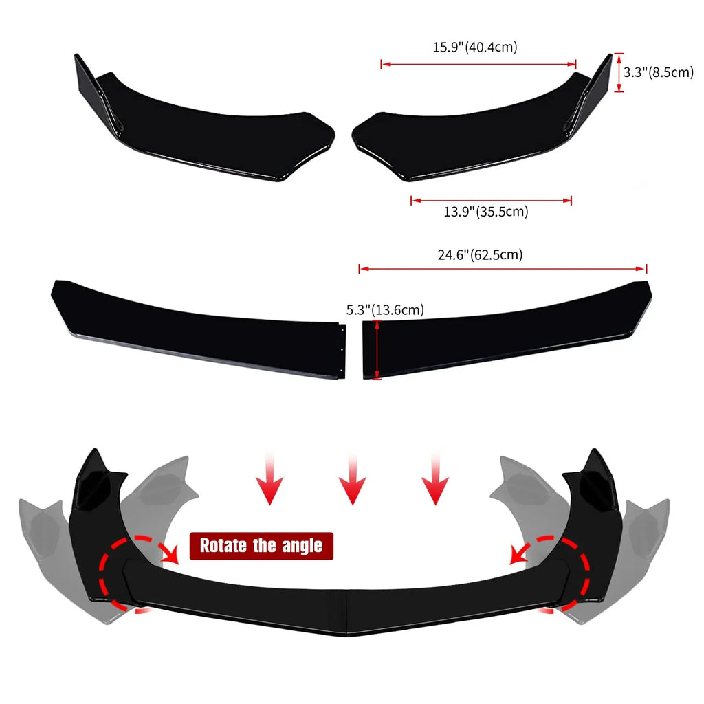 Universal ABS Front Bumper Lip Chin Spoiler Splitter With 8"-11" Adjustable Support Rod