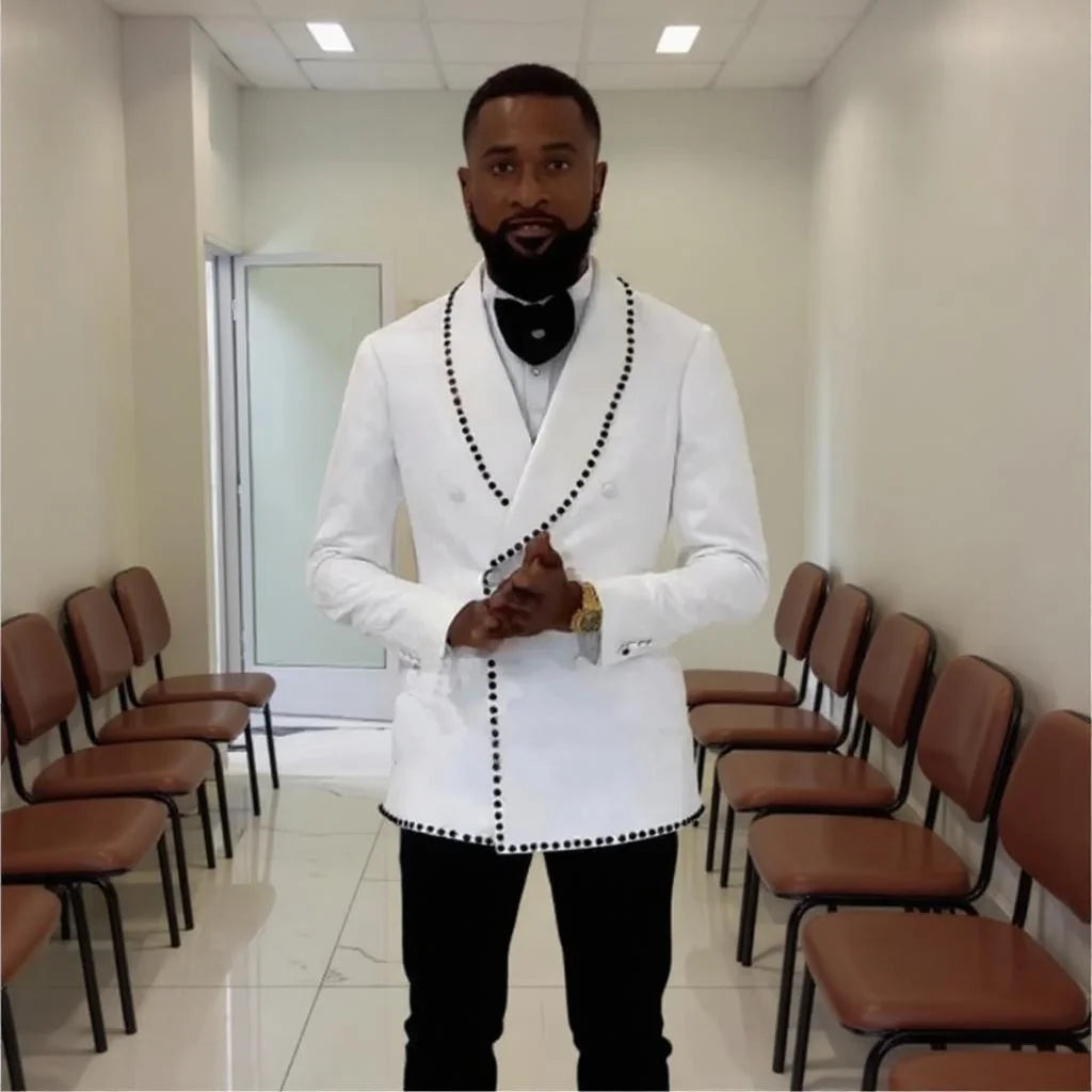 Beaded Floral Men Suits Double Breasted Business Formal Wedding Tuxedos Grooms Party Prom Male Suit Set 2 Pieces Blazer Pants