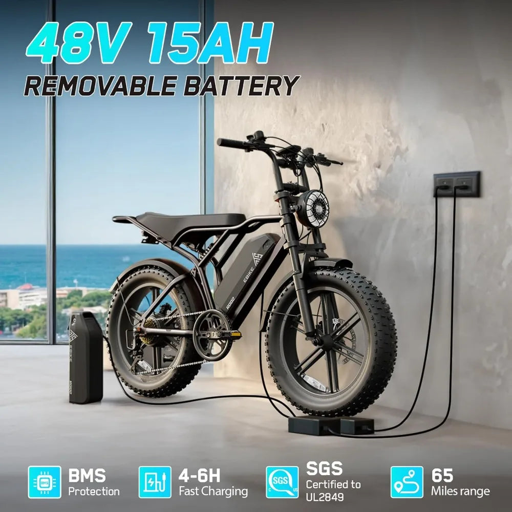 Full Suspension 1500W Peak Motor Fat Tire Electric Bike for Adults 60 Miles 48V 15Ah Removable Battery 7-Speed 20 Inch