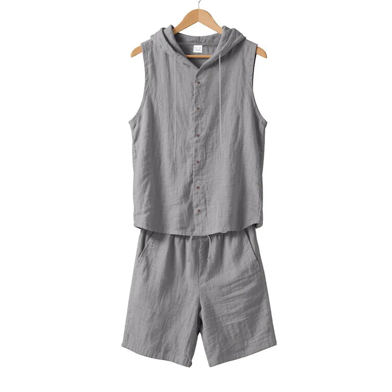 Men's Linen Sleeveless Hooded Shirt and Shorts Set