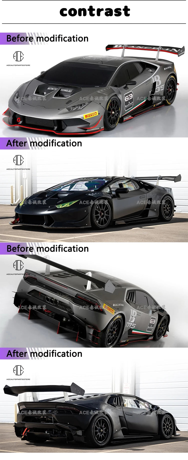 For Lamborghini Huracan LP620 Front Rear Bumper Carbon fiber Engine Hood Spoiler Wing Side skirts For Huracan LP620 Body kit