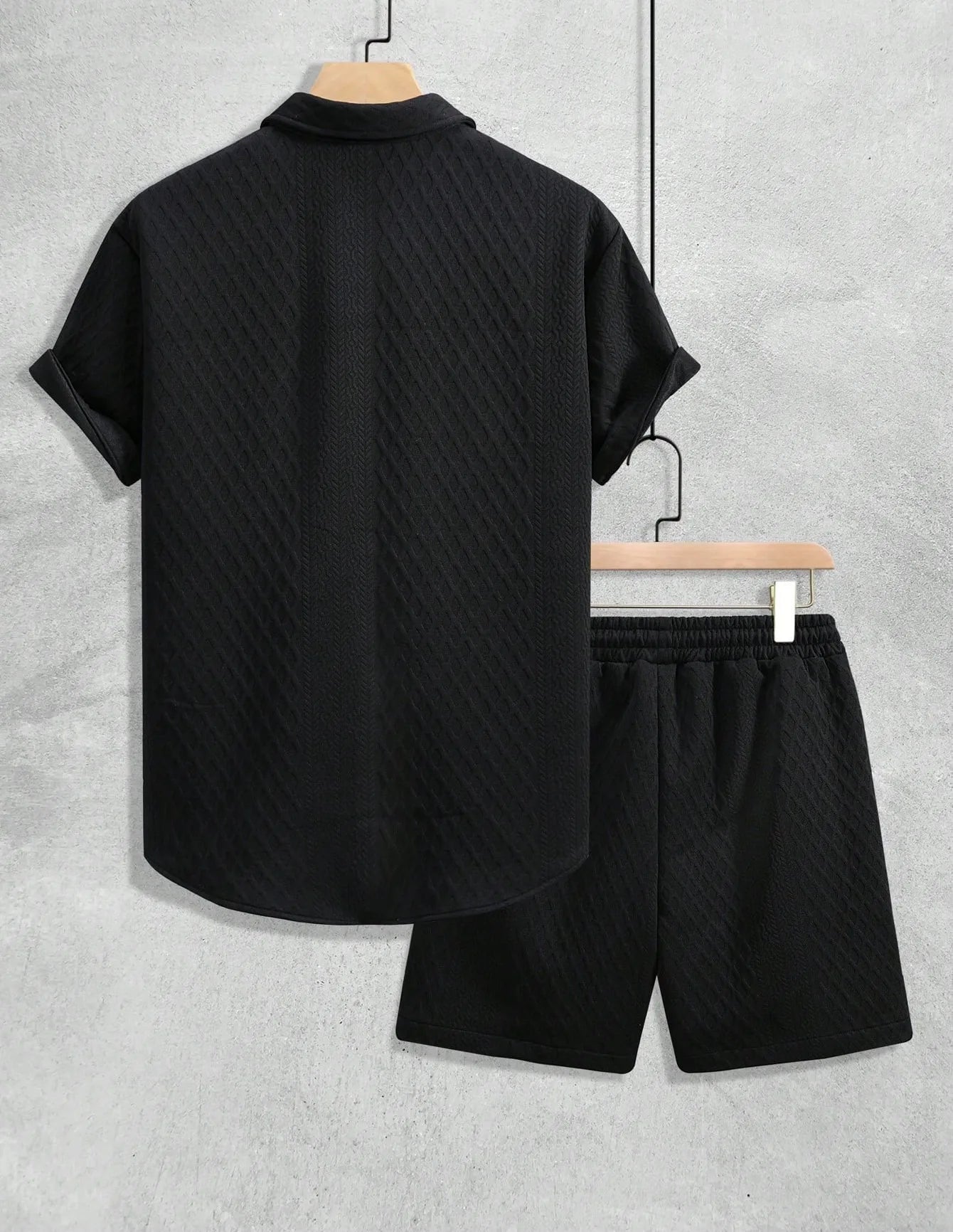 Summer New Men's Casual White Sportswear Shirt with A Lapel Men's Short-sleeved Button Shirt and Shorts Jacquard Texture Suit
