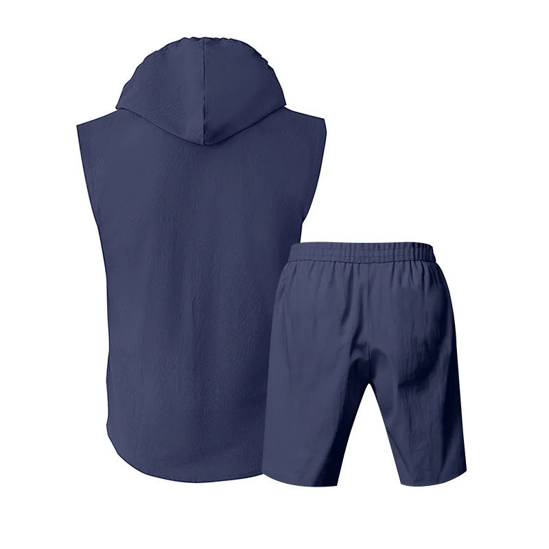 Men's Linen Sleeveless Hooded Shirt and Shorts Set