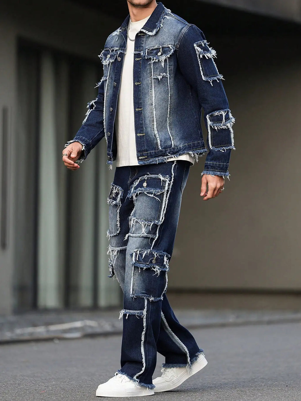 Men's denim suit, multi - pocket design, wide straight - leg pants style